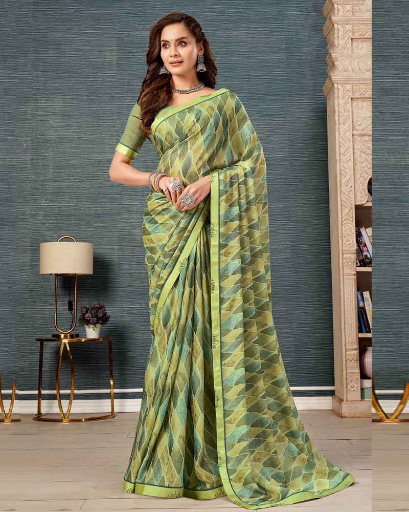 Vishal Prints Pastel Green Printed Brasso Saree With Fancy Border