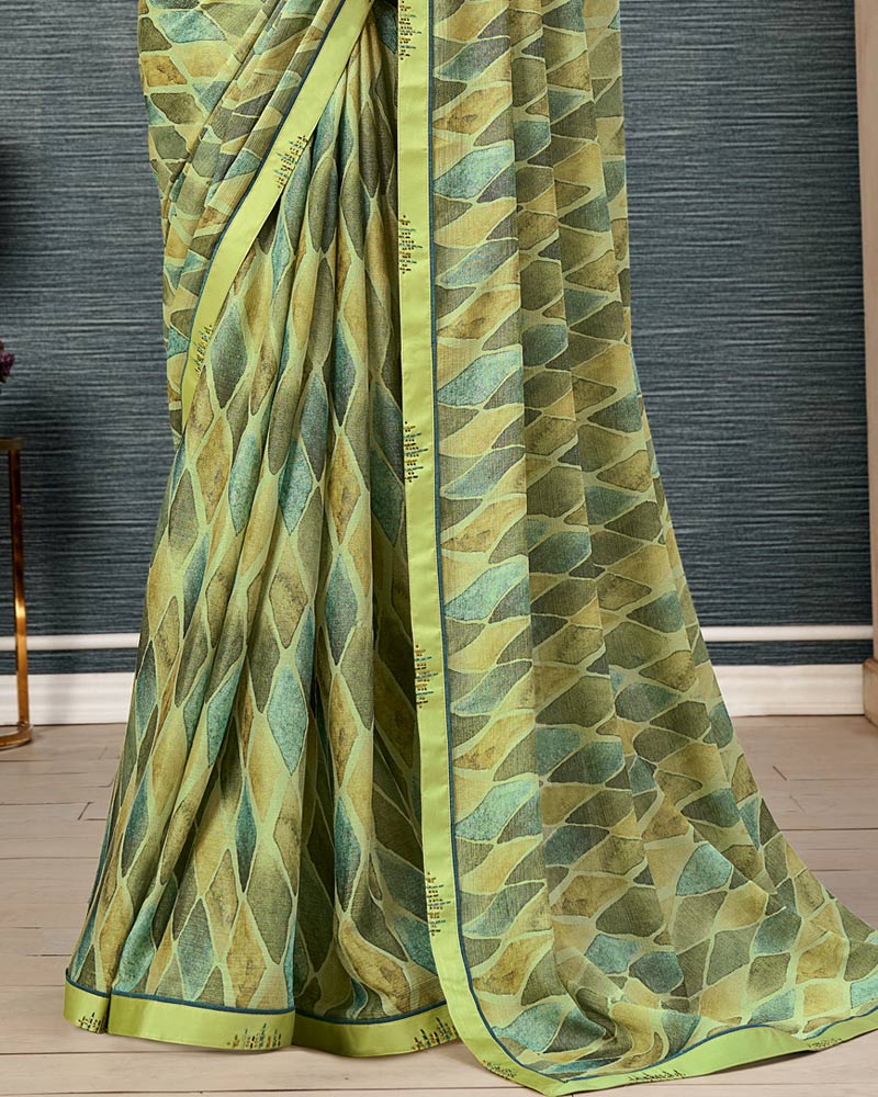 Vishal Prints Pastel Green Printed Brasso Saree With Fancy Border