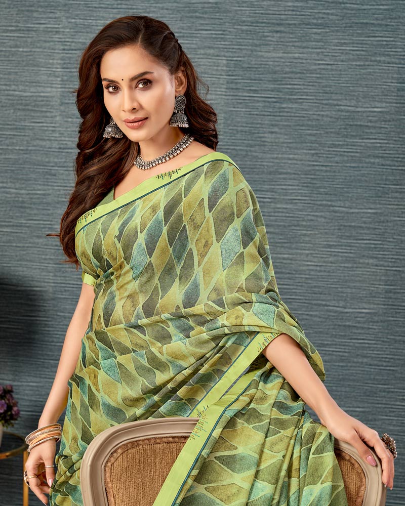 Vishal Prints Pastel Green Printed Brasso Saree With Fancy Border