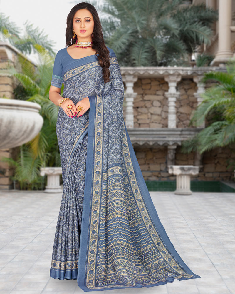 Vishal Prints Cool Grey Printed Criva Moss Saree