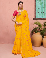 Vishal Prints Golden Yellow Designer Fancy Chiffon Saree With Embroidery-Diamond Work And Fancy Border