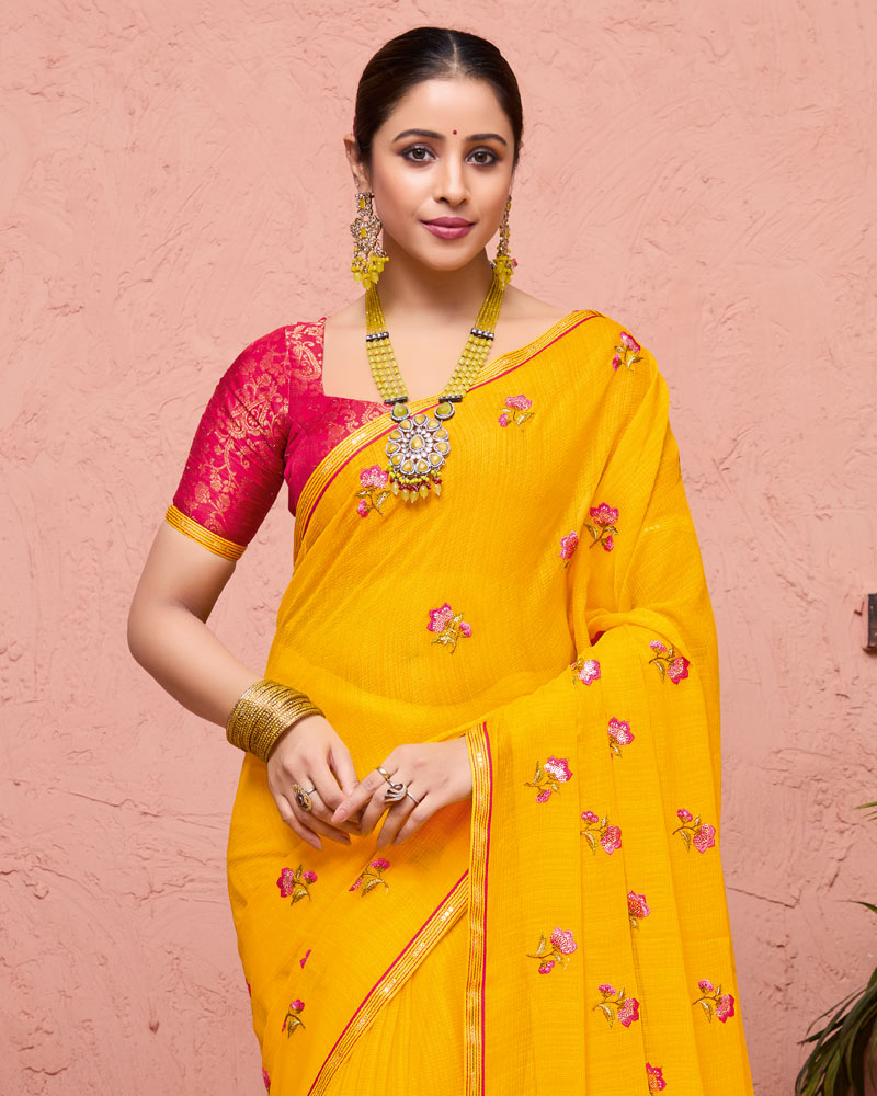 Vishal Prints Golden Yellow Designer Fancy Chiffon Saree With Embroidery-Diamond Work And Fancy Border