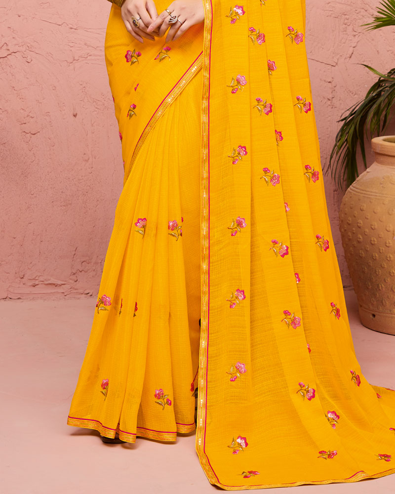 Vishal Prints Golden Yellow Designer Fancy Chiffon Saree With Embroidery-Diamond Work And Fancy Border