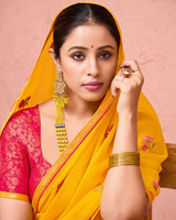 Vishal Prints Golden Yellow Designer Fancy Chiffon Saree With Embroidery-Diamond Work And Fancy Border