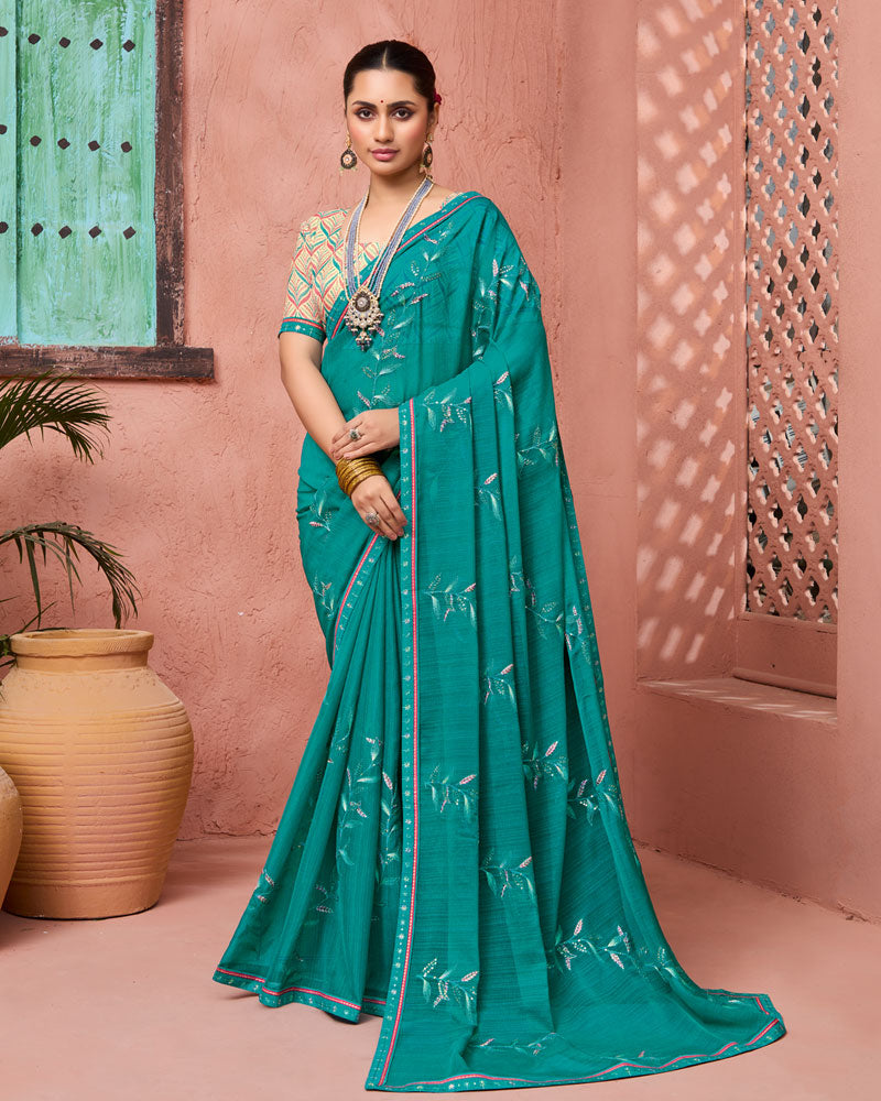 Vishal Prints Teal Green Designer Fancy Chiffon Saree With Embroidery-Diamond Work And Fancy Border