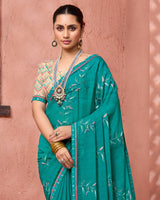 Vishal Prints Teal Green Designer Fancy Chiffon Saree With Embroidery-Diamond Work And Fancy Border
