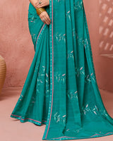 Vishal Prints Teal Green Designer Fancy Chiffon Saree With Embroidery-Diamond Work And Fancy Border