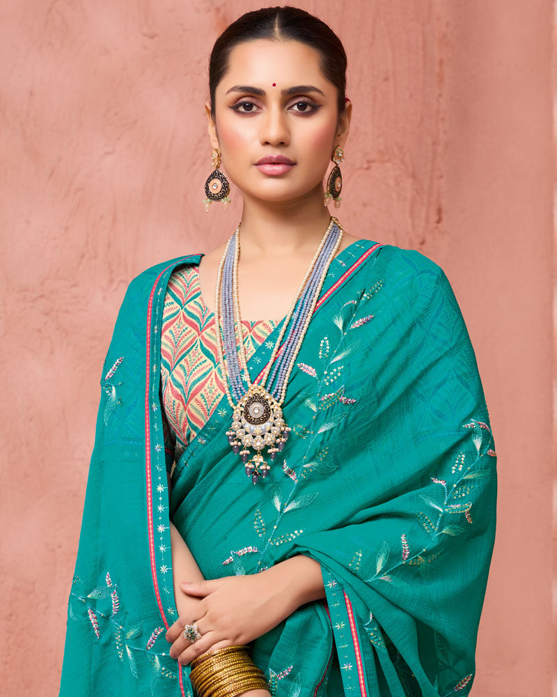 Vishal Prints Teal Green Designer Fancy Chiffon Saree With Embroidery-Diamond Work And Fancy Border