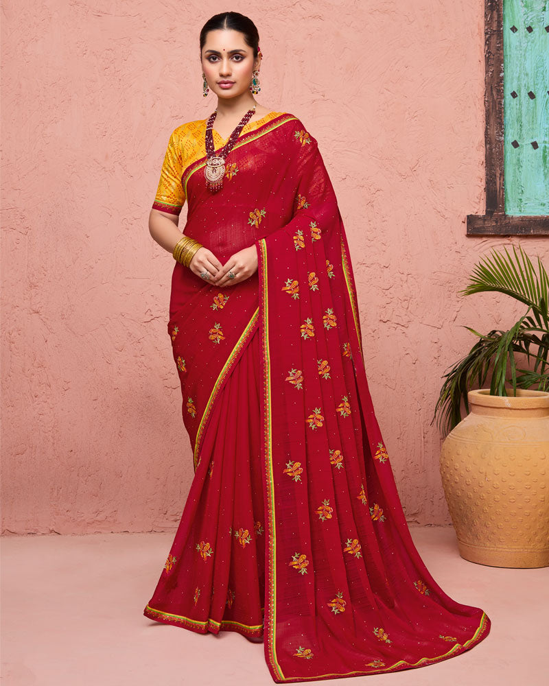 Vishal Prints Shiraz Red Designer Fancy Chiffon Saree With Embroidery-Diamond Work And Fancy Border