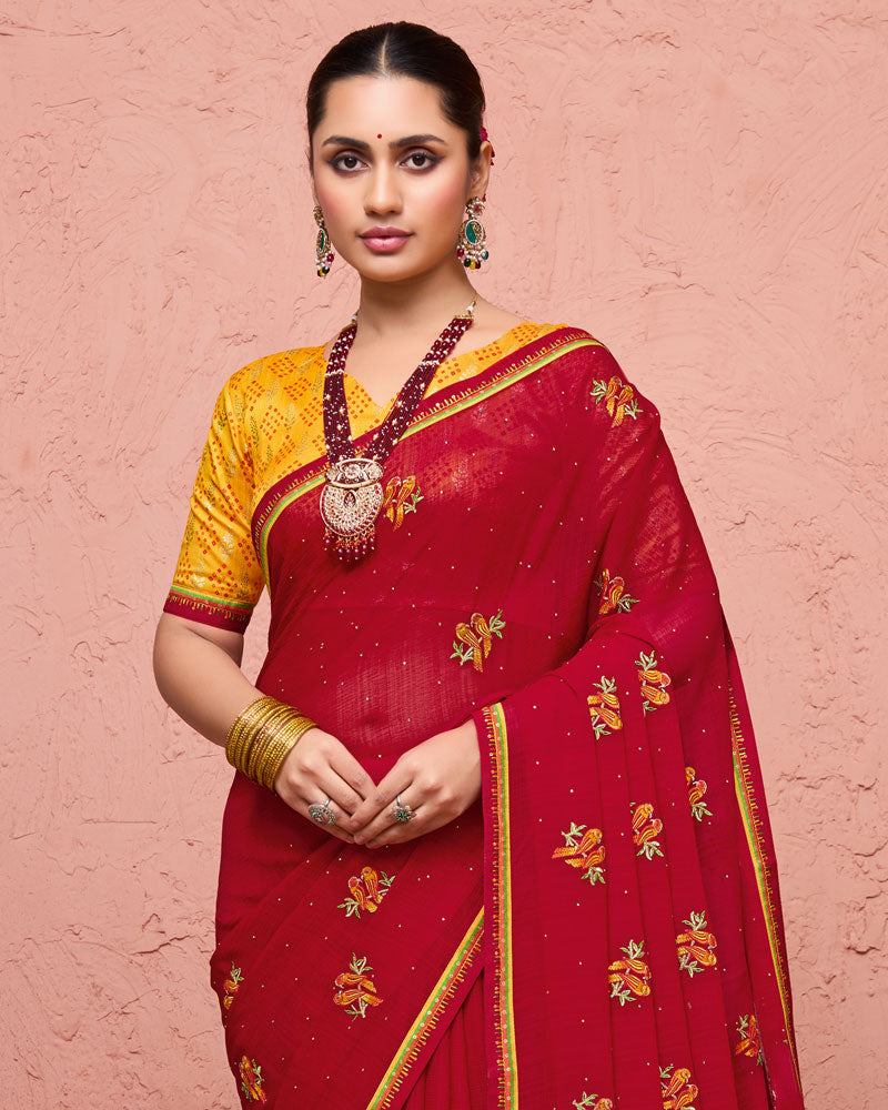 Vishal Prints Shiraz Red Designer Fancy Chiffon Saree With Embroidery-Diamond Work And Fancy Border