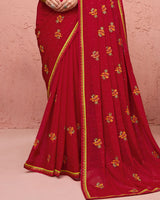 Vishal Prints Shiraz Red Designer Fancy Chiffon Saree With Embroidery-Diamond Work And Fancy Border