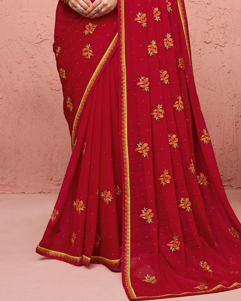 Vishal Prints Shiraz Red Designer Fancy Chiffon Saree With Embroidery-Diamond Work And Fancy Border