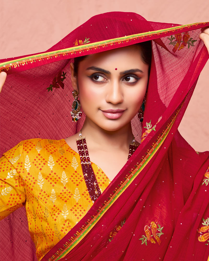 Vishal Prints Shiraz Red Designer Fancy Chiffon Saree With Embroidery-Diamond Work And Fancy Border