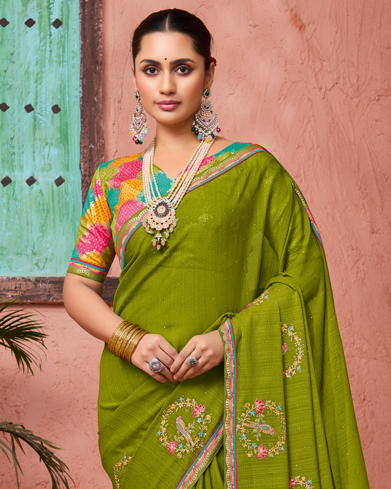 Vishal Prints Olive Green Designer Fancy Chiffon Saree With Embroidery-Diamond Work And Fancy Border