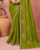 Vishal Prints Olive Green Designer Fancy Chiffon Saree With Embroidery-Diamond Work And Fancy Border