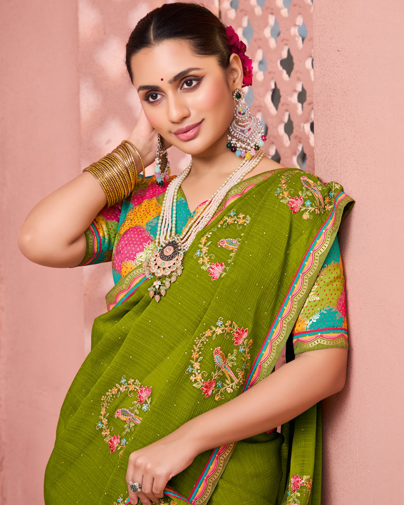 Vishal Prints Olive Green Designer Fancy Chiffon Saree With Embroidery-Diamond Work And Fancy Border