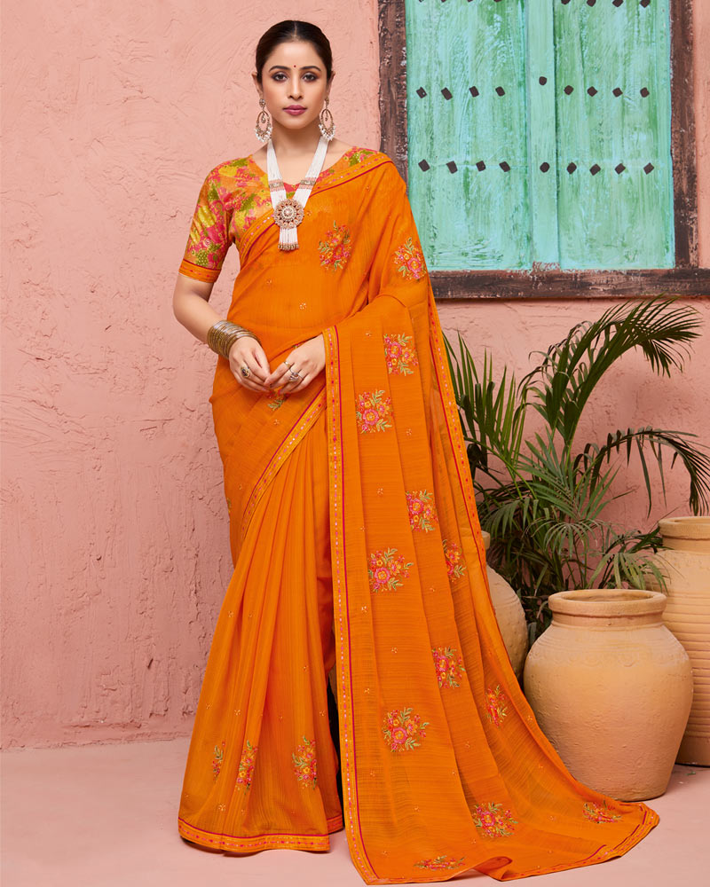 Vishal Prints Bright Orange Designer Fancy Chiffon Saree With Embroidery-Diamond Work And Fancy Border