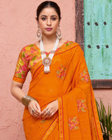 Vishal Prints Bright Orange Designer Fancy Chiffon Saree With Embroidery-Diamond Work And Fancy Border