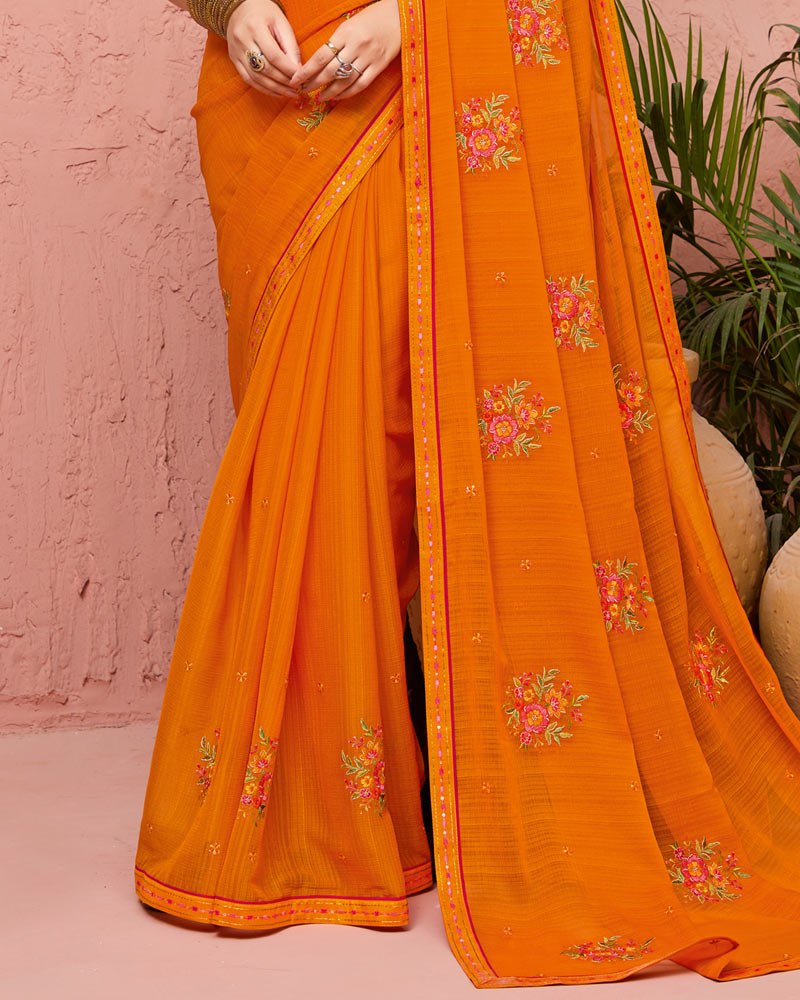 Vishal Prints Bright Orange Designer Fancy Chiffon Saree With Embroidery-Diamond Work And Fancy Border