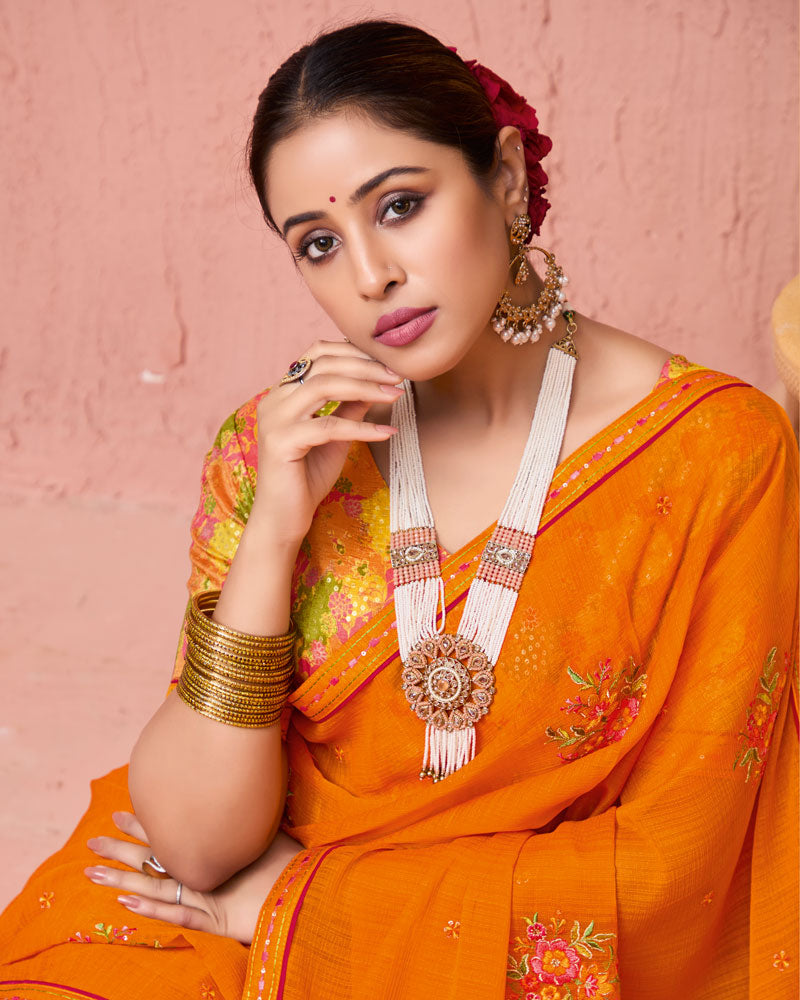 Vishal Prints Bright Orange Designer Fancy Chiffon Saree With Embroidery-Diamond Work And Fancy Border