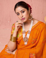 Vishal Prints Bright Orange Designer Fancy Chiffon Saree With Embroidery-Diamond Work And Fancy Border
