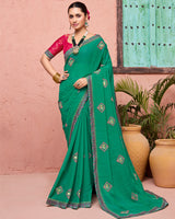 Vishal Prints Dark Sea Green Designer Fancy Chiffon Saree With Embroidery-Diamond Work And Fancy Border