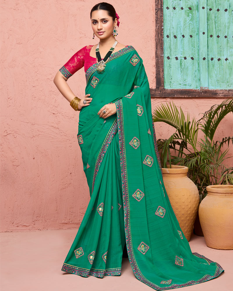 Vishal Prints Dark Sea Green Designer Fancy Chiffon Saree With Embroidery-Diamond Work And Fancy Border
