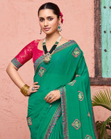 Vishal Prints Dark Sea Green Designer Fancy Chiffon Saree With Embroidery-Diamond Work And Fancy Border
