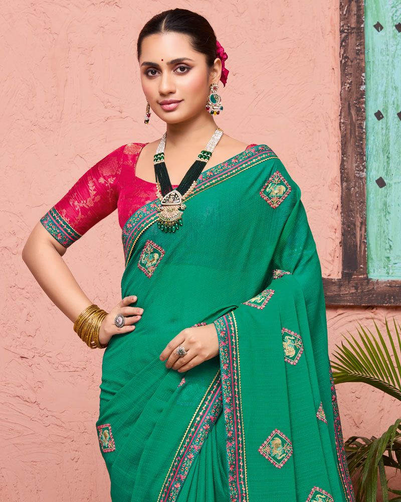 Vishal Prints Dark Sea Green Designer Fancy Chiffon Saree With Embroidery-Diamond Work And Fancy Border