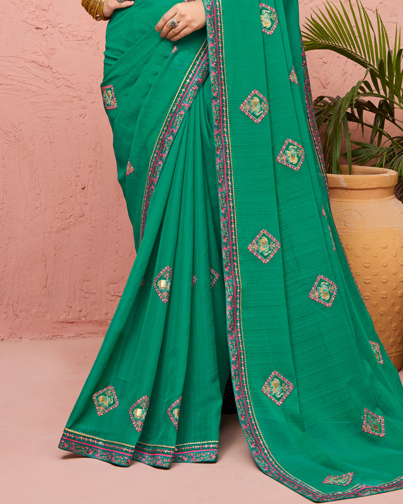 Vishal Prints Dark Sea Green Designer Fancy Chiffon Saree With Embroidery-Diamond Work And Fancy Border