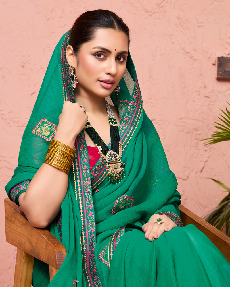 Vishal Prints Dark Sea Green Designer Fancy Chiffon Saree With Embroidery-Diamond Work And Fancy Border