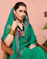 Vishal Prints Dark Sea Green Designer Fancy Chiffon Saree With Embroidery-Diamond Work And Fancy Border
