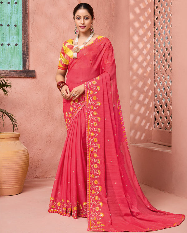 Vishal Prints Pastel Red Designer Fancy Chiffon Saree With Embroidery-Diamond Work And Fancy Border