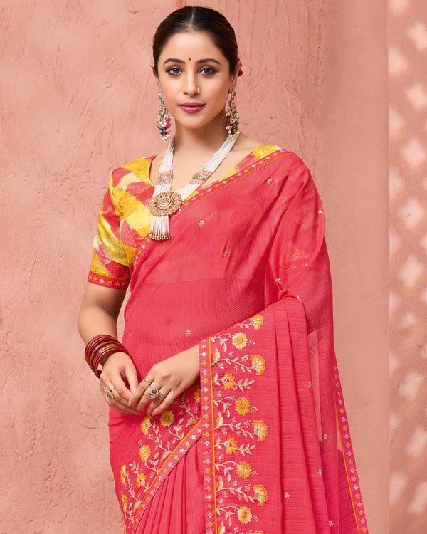 Vishal Prints Pastel Red Designer Fancy Chiffon Saree With Embroidery-Diamond Work And Fancy Border