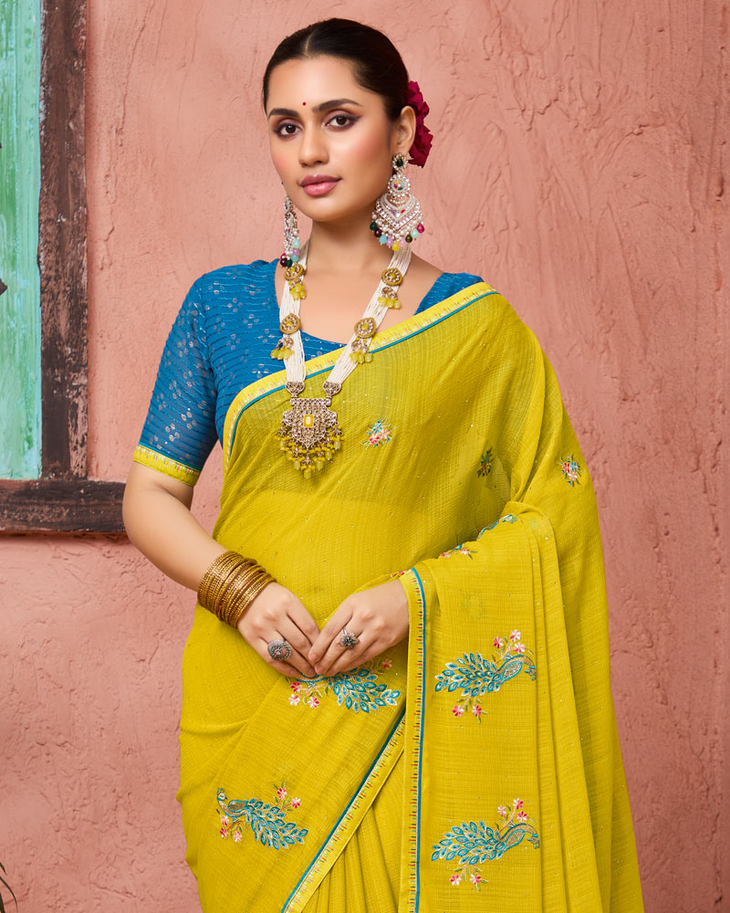 Vishal Prints Olive Yellow Designer Fancy Chiffon Saree With Embroidery-Diamond Work And Fancy Border