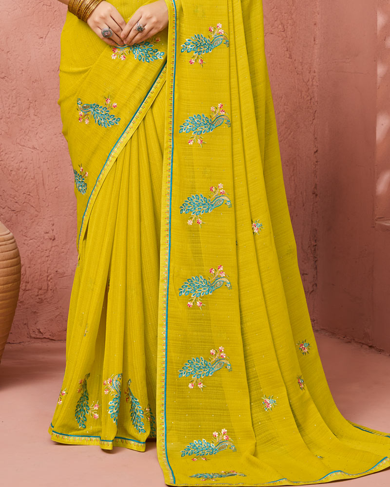 Vishal Prints Olive Yellow Designer Fancy Chiffon Saree With Embroidery-Diamond Work And Fancy Border