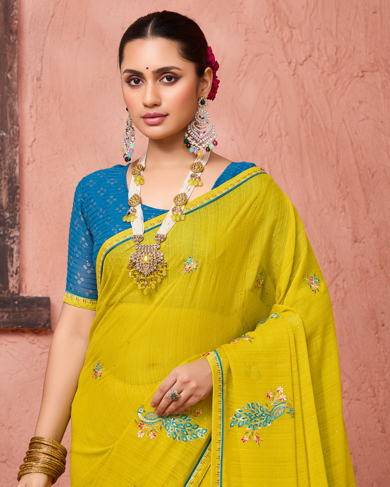 Vishal Prints Olive Yellow Designer Fancy Chiffon Saree With Embroidery-Diamond Work And Fancy Border