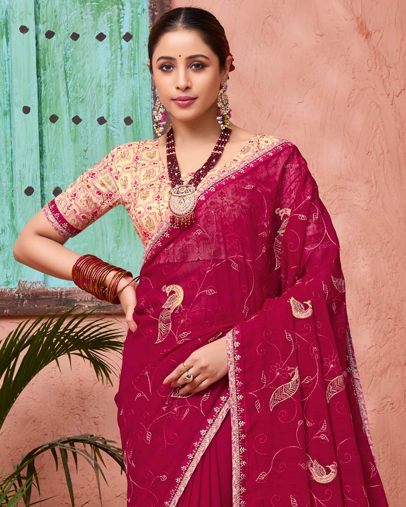Vishal Prints Vivid Burgundy Designer Fancy Chiffon Saree With Embroidery-Diamond Work And Fancy Border