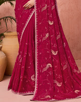 Vishal Prints Vivid Burgundy Designer Fancy Chiffon Saree With Embroidery-Diamond Work And Fancy Border