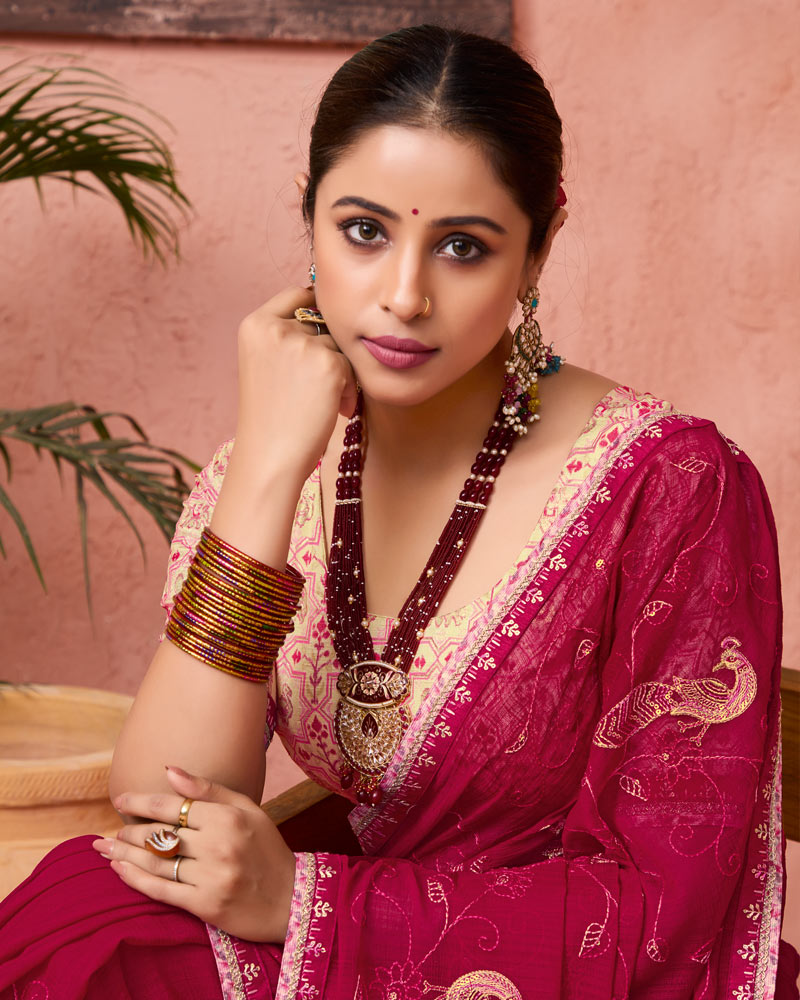 Vishal Prints Vivid Burgundy Designer Fancy Chiffon Saree With Embroidery-Diamond Work And Fancy Border