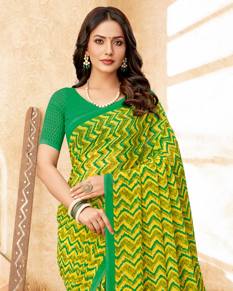 Vishal Prints Parrot Green Printed Georgette Saree