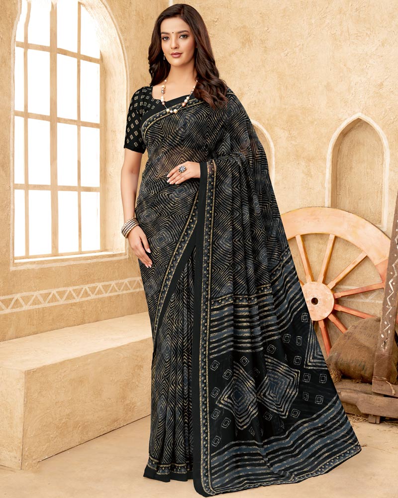 Vishal Prints Greyish Black Printed Georgette Saree