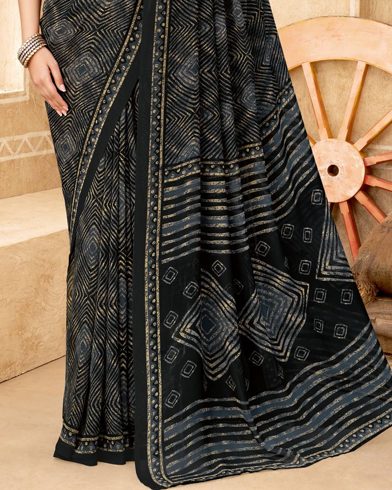Vishal Prints Greyish Black Printed Georgette Saree