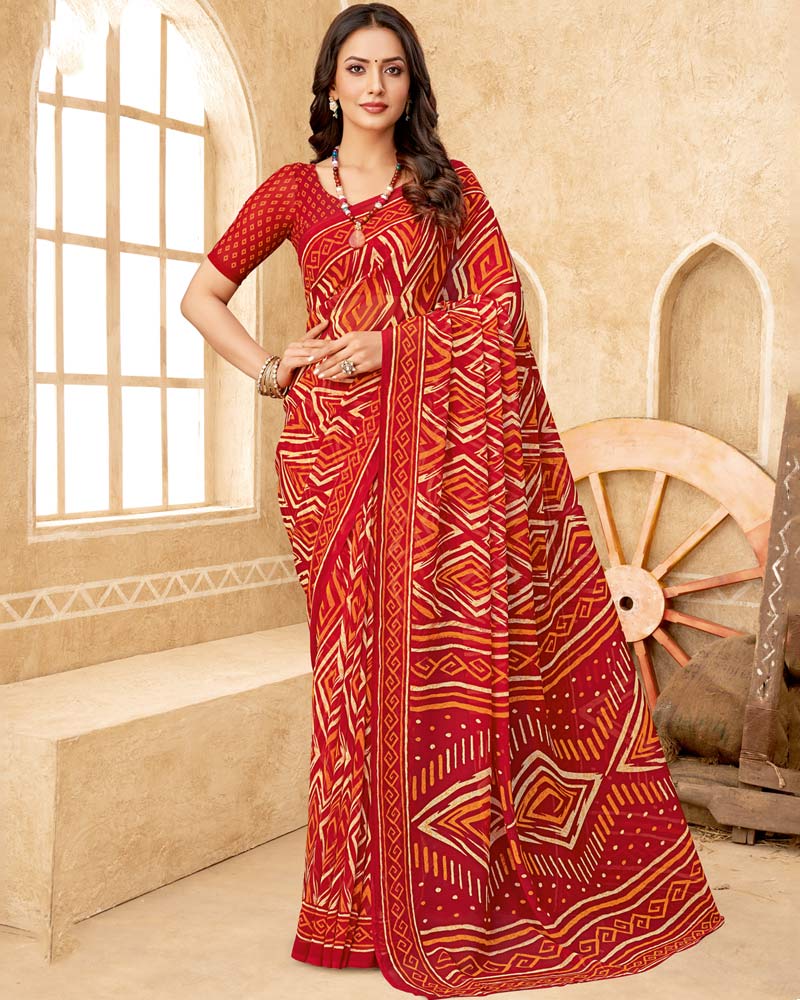 Vishal Prints Red Printed Georgette Saree