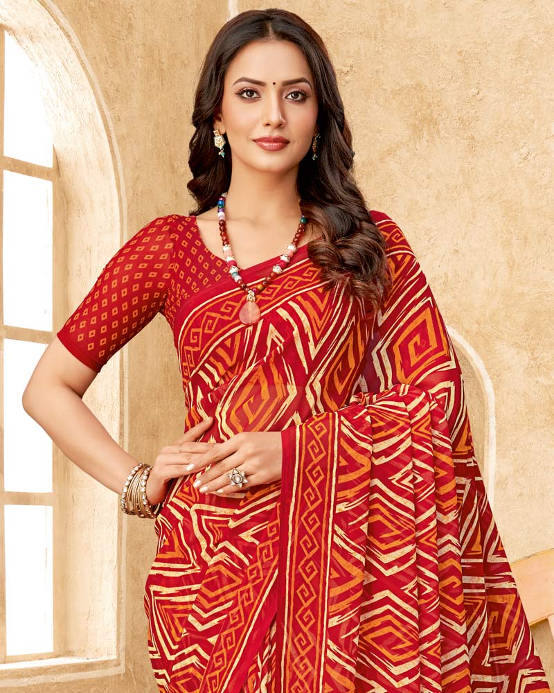 Vishal Prints Red Printed Georgette Saree