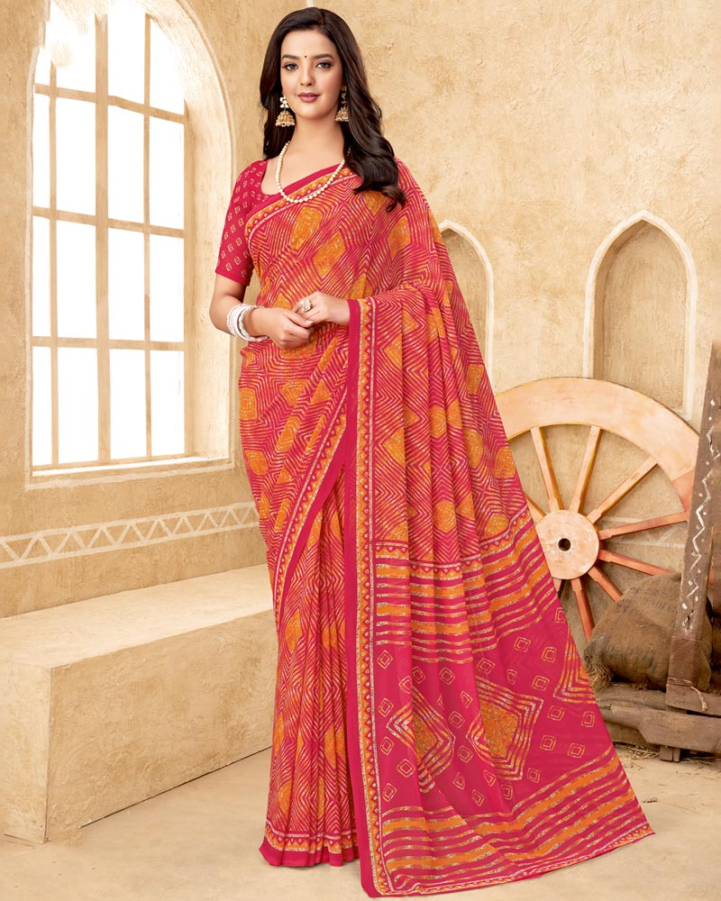 Vishal Prints Orange Pink Printed Georgette Saree