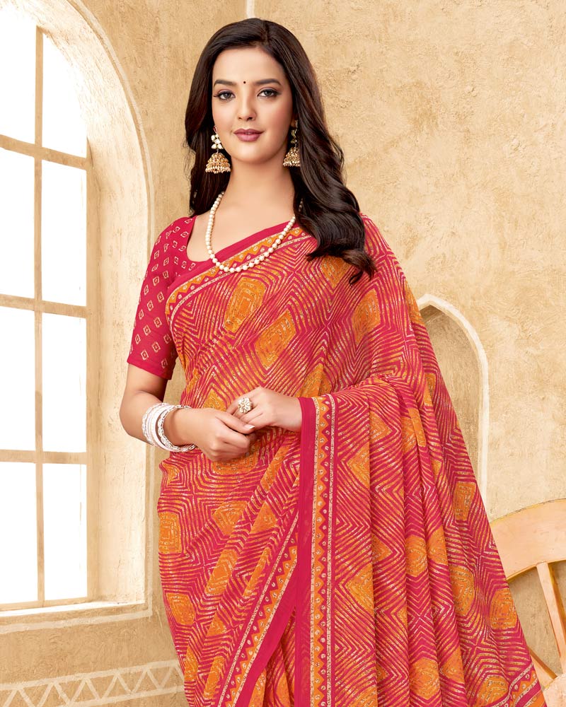 Vishal Prints Orange Pink Printed Georgette Saree