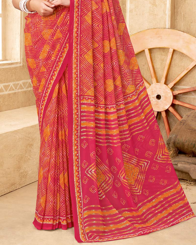 Vishal Prints Orange Pink Printed Georgette Saree