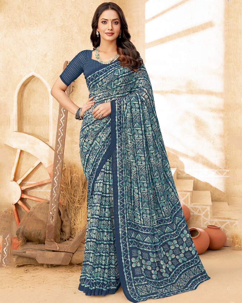 Vishal Prints Grey Blue Printed Georgette Saree