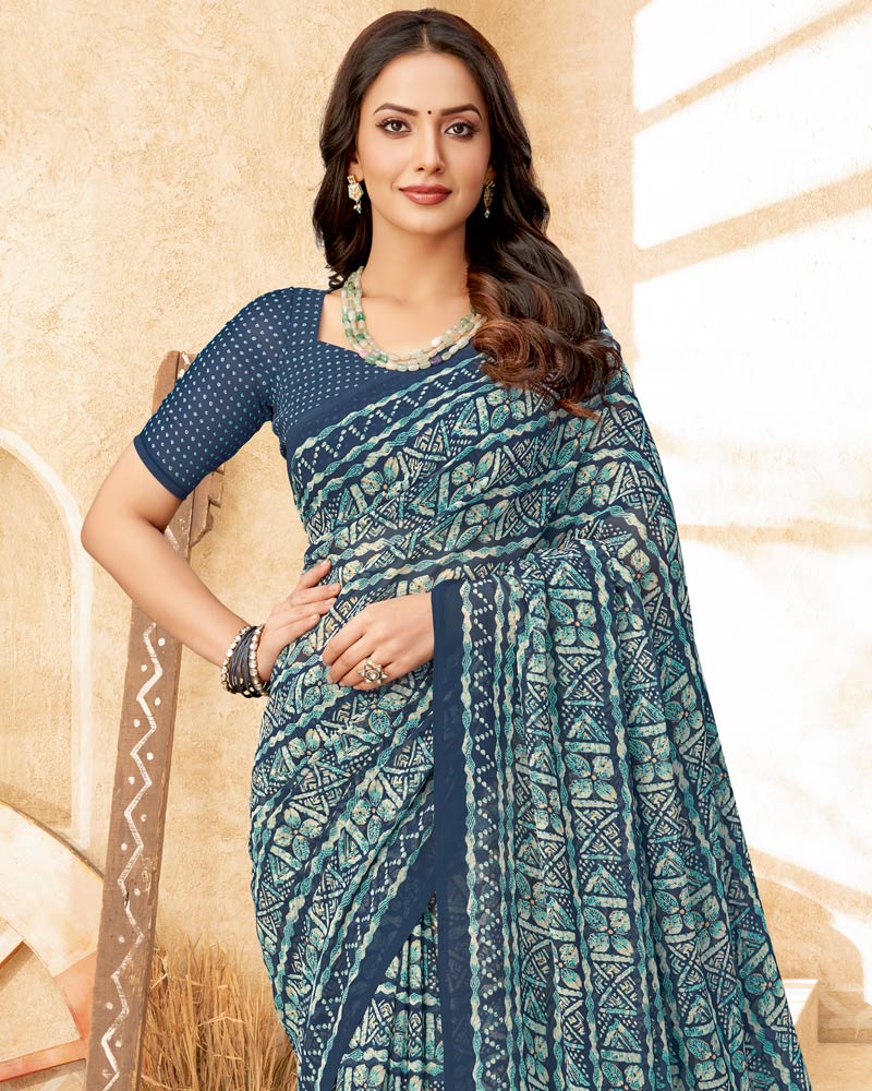 Vishal Prints Grey Blue Printed Georgette Saree
